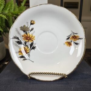 Mid-Century Modern China Saucer | Yellow Daisy & Gray Foliage | Vintage